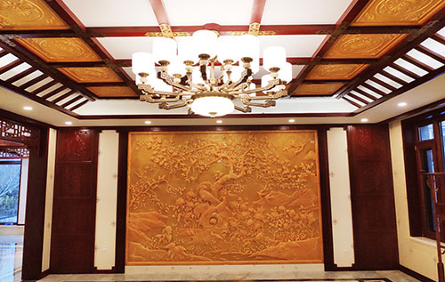 衡阳中式别墅客厅中式木作横梁吊顶装饰展示